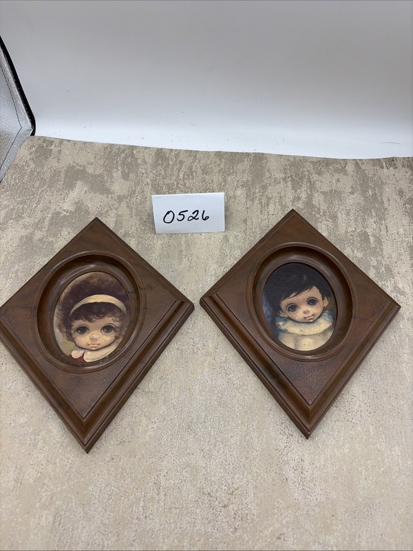 Vintage 60’s Ozz Franca Big Eyes Boy And Girl Prints In Plastic Frame Rare