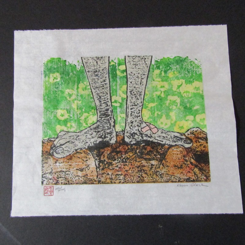 Barefoot Garden feet Japanese moku hanga woodcut woodblock print washi signed gallery