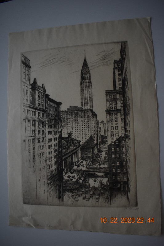 1939 Anton Schutz Etching 574 «Midtown Canyon»  SIGNED (Chrysler Bldg/ 42nd St).
