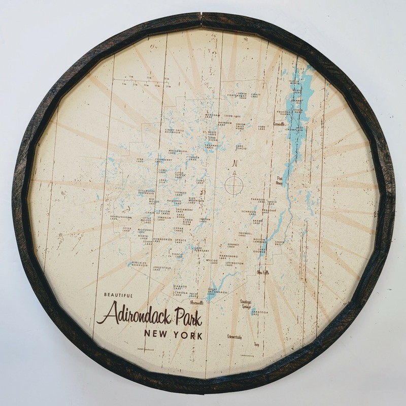 Adirondack Park New York, Rustic Barrel End Map Art 21 inches