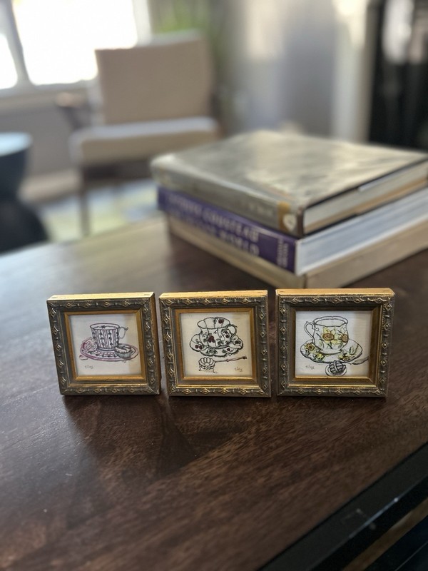 Mini Framed Art Signed ‘Tiley’ Tea Cups Theme 3.25”x3.25” Three Square Frames