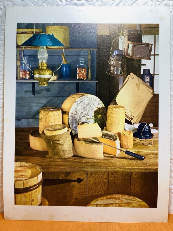 Vintage Still Life Print 1960s Store Shop Cheeses on Counter Hanging Oil Lamps