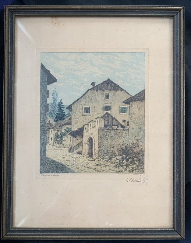 Josef Eidenberger (?) hand colored etching Eppan-Tyrol vintage matted/frame
