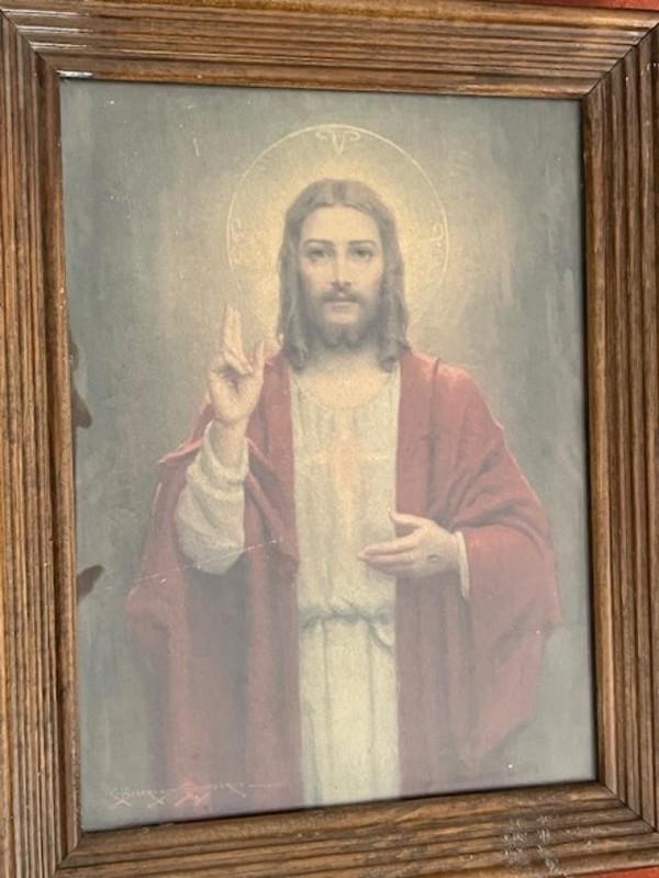 Vintage 50s Chambers Sacred Heart of Jesus Print Wooden Frame Catholic Art MCM