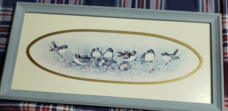 1983 Birds On Roses Branch By Margie Morrow Wood Glass Framed Art Print Decor