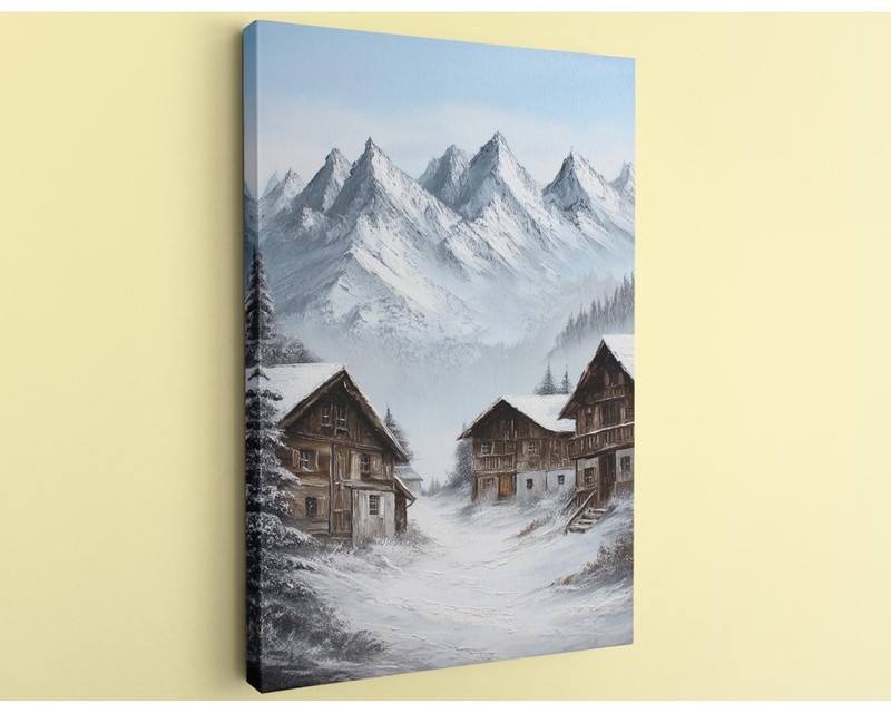 Winter Landscape Canvas Rustic Cabin Snowy Mountain Alpine Village Art
