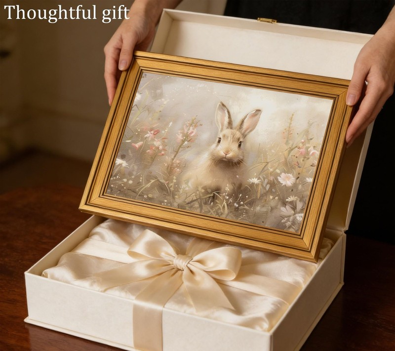 Gold Framed Vintage Easter Bunny Canvas Wall Art Neutral Rabbit Meadow Painti... gallery