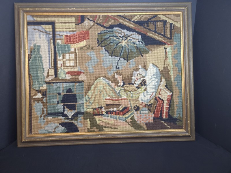 Vtg The Poor Poet Carl Spitzweg Needlepoint Art Framed 19.5×23.5″ *See Desc