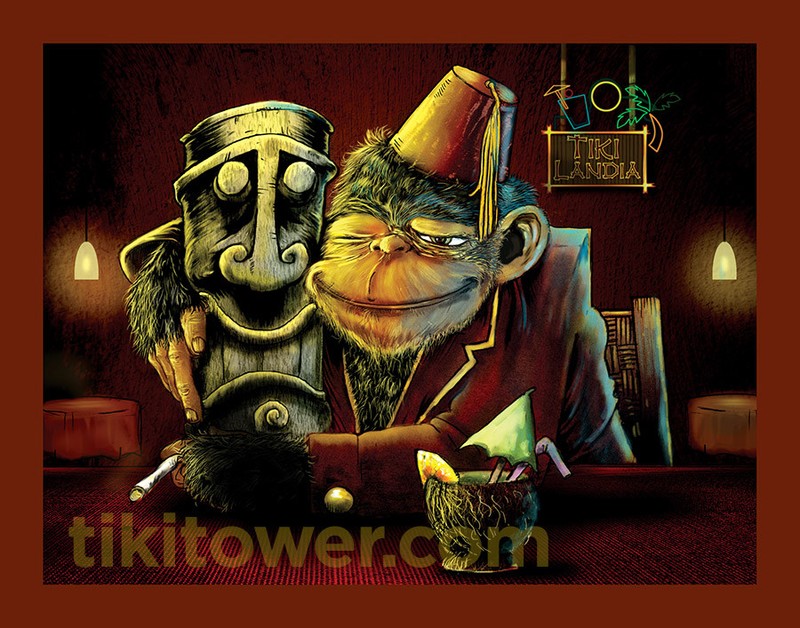 Tiki Bar Chimp Cocktail Ape Monkey Fez Man Cave Lowbrow Art Home Decor Print 1