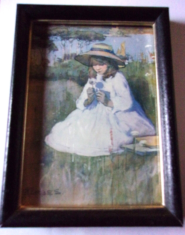 Vtg Dandelion Days art print by Elizabeth Forbes pastel girl framed 5 3/4 x 8 3/