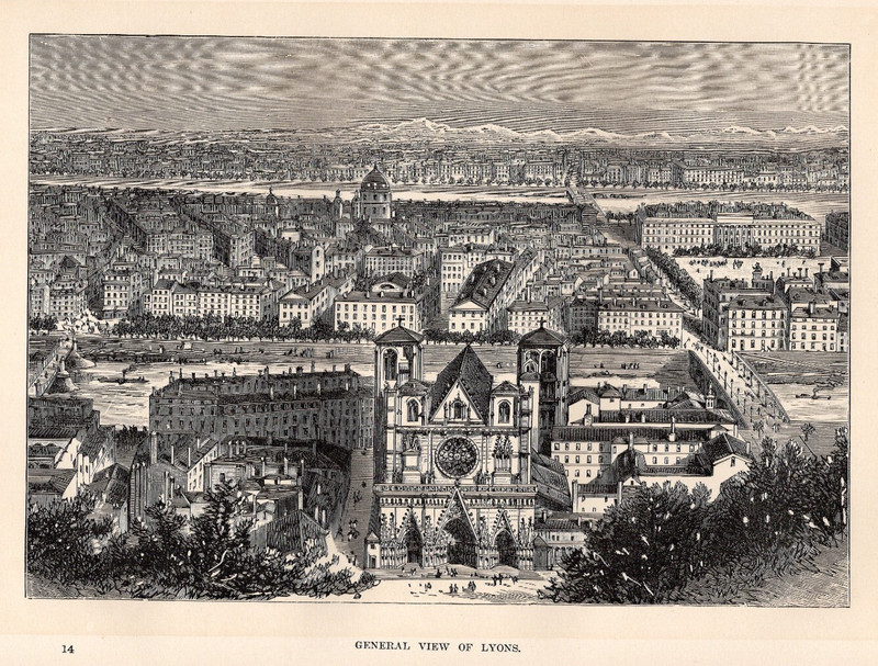 BIRDS EYE VIEW FRANCE - Cathedral & Riverfront Panorama 1883 Antique Engraving