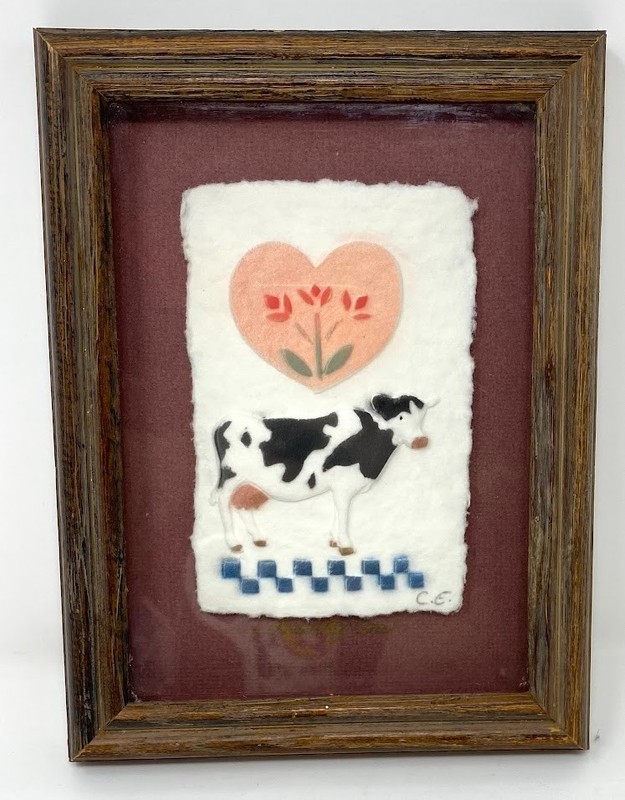 1992 Figi Graphics Country Cow Hand Cast Paper Signed C E Framed 8″ x 6″
