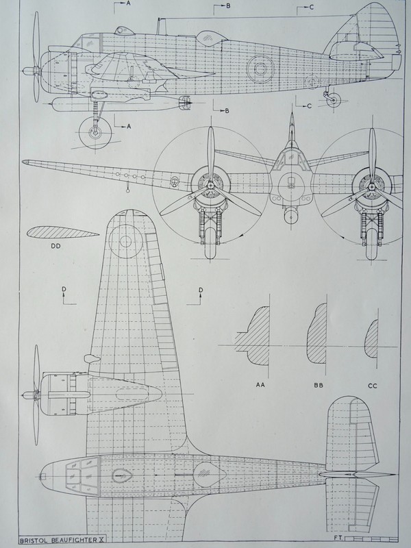 WW2 BRITISH Aircraft BRISTOL BEAUFIGHTER X Scale Design Plan c1944