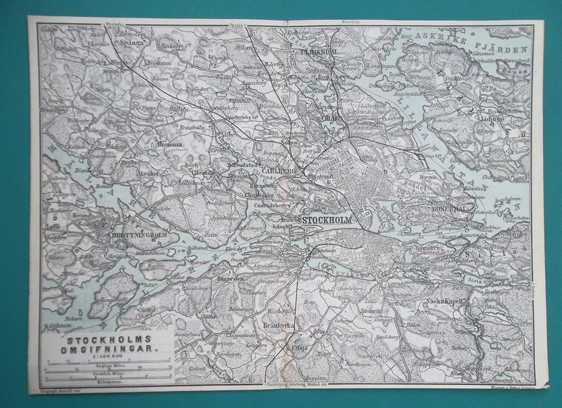 STOCKHOLM & Environs + Djurgarden – 1892 Baedeker Map 6×8″ 15×20 cm