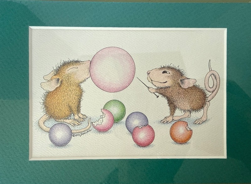 Vintage 90s House Mouse Print by Jareckie Matted 5×7 Popping Bubbles Whimsical