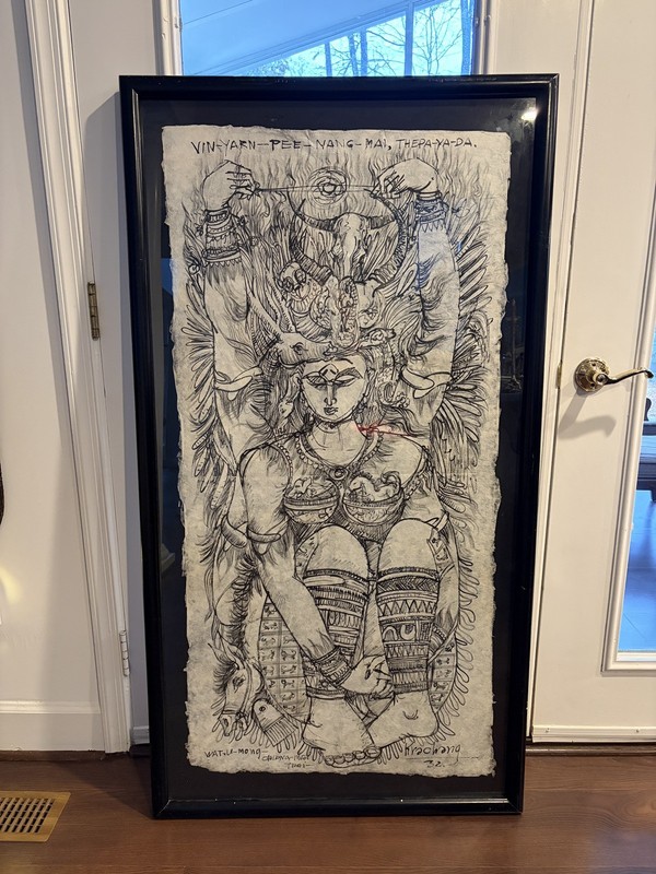 Thai Deity Wall Art Hand Drawn Black Ink on Textured Paper Glass Framed 30”x57”