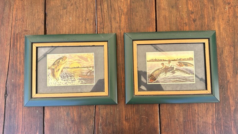 WOW! Vintage Humorous Entertaining Fishing Print Framed Artwork TWO Pieces