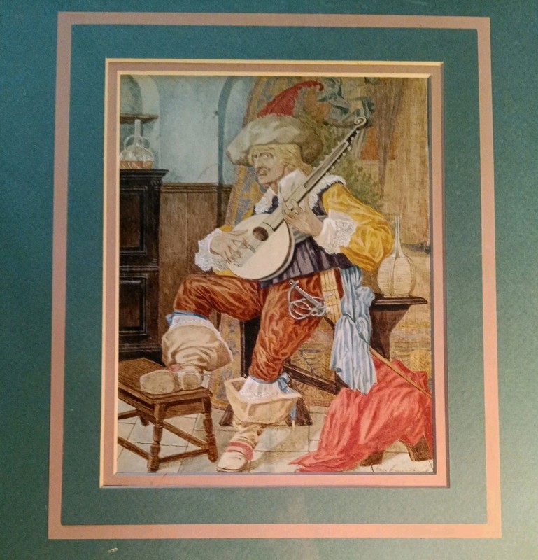 VINTAGE RARE George CRUIKSHANK framed watercolor 9×7″ soldier playing lute.
