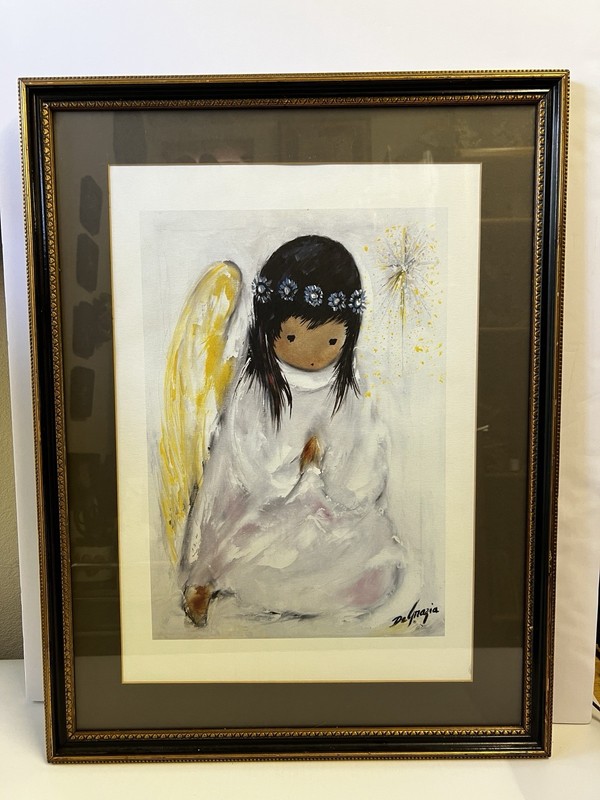 Ted Degrazia Print “ A Little Prayer” Angel Glass Wooden Frame 19” X 24”