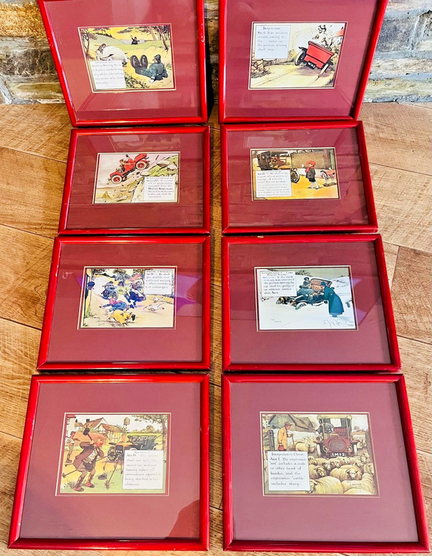 Charles Crombie Motoring Prints Set x 8 Framed Humorous Perrier Art Vintage 30cm