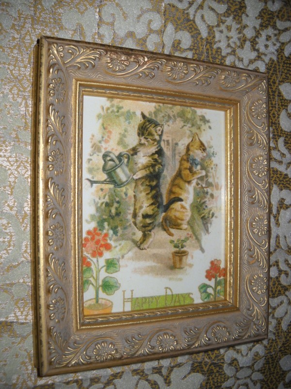 CATS HAVE HAPPY DAYS GARDENING 4 X 5 gold WOOD framed Victorian style print