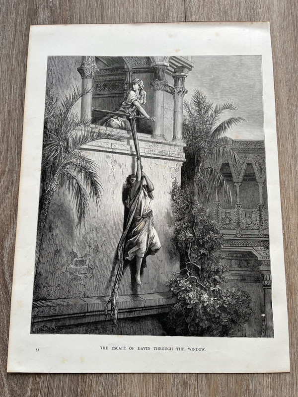 victorian 1897 original dore gallery print – escape of david through the window