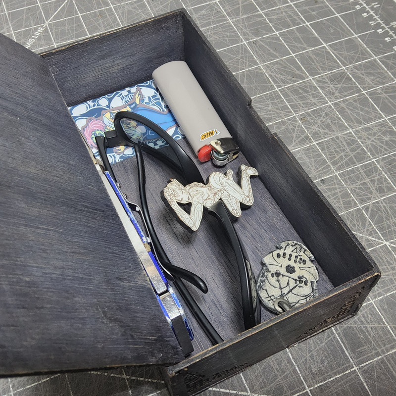 Custom laser etched border scroll flip top wood stash box teal purple 8x4x2 gallery