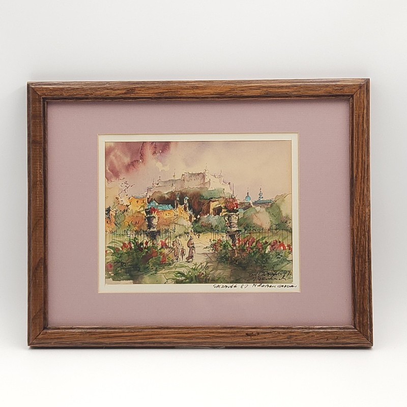 Salzburg Mirabell Garden Watercolor Art Print Hohensalzburg Palace Austria