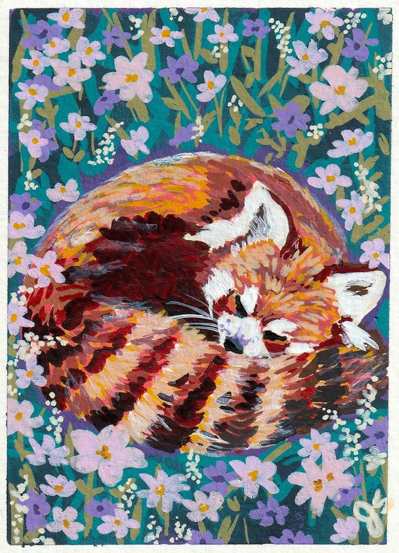 ACEO Original PRINT Red Panda Cute Animal Monarch Butterfly Floral Wildlife Art