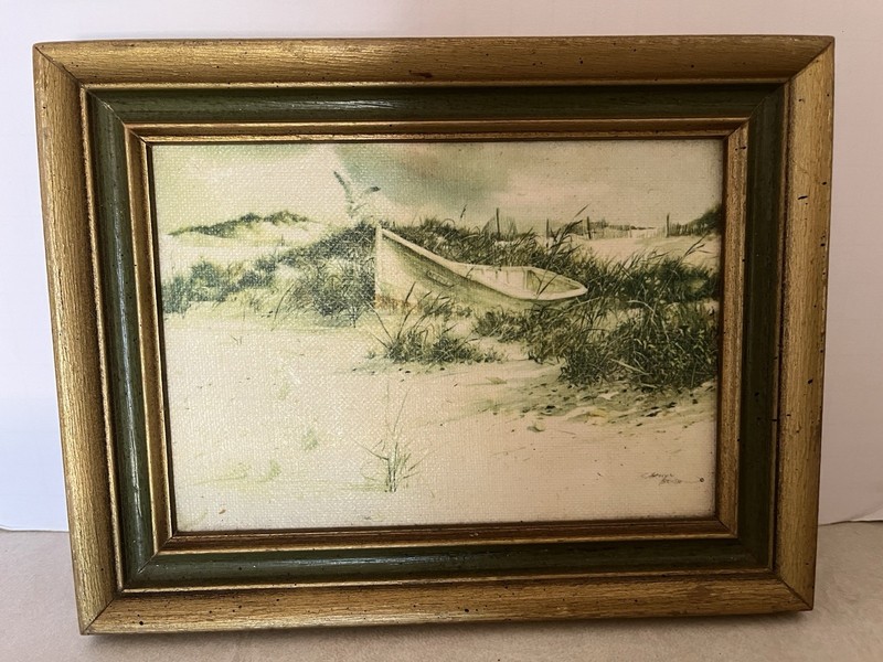 Vtg Small Seashore Boat Painting Print On Canvas Framed Nautical Beach 8.5×6.5”