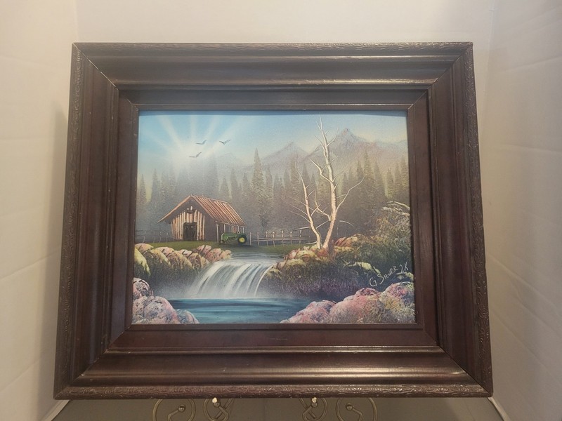 Framed Signed G Silver Painting Farm Barn Waterfall Tractor Ornate Frame