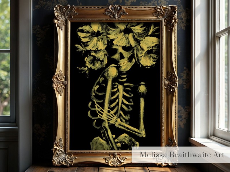 Girly Halloween wall decor: painting of a pretty skeleton wearing a flower crown