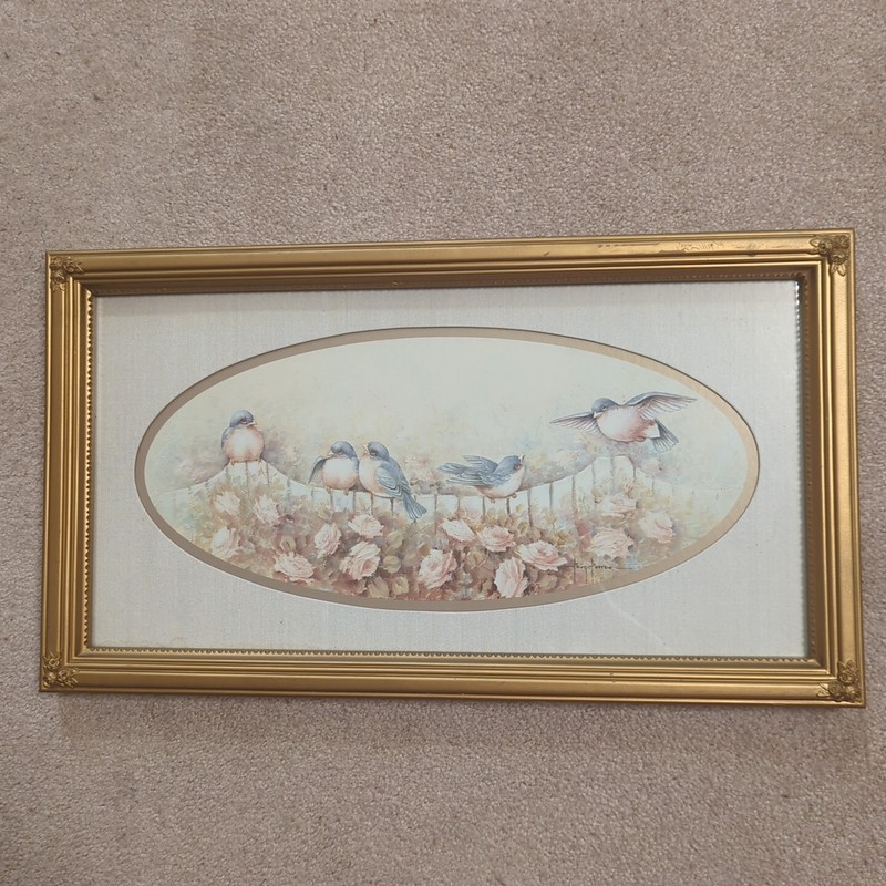 VINTAGE Signed by Margie Morrow 1983 Framed print of birds on a flowering branch