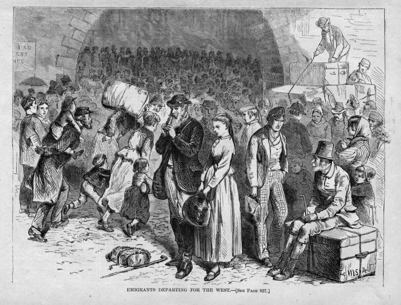 EMIGRANTS DEPARTING FOR THE WEST HISTORY ENGRAVING LUGGAGE IMMIGRANT TRUNK