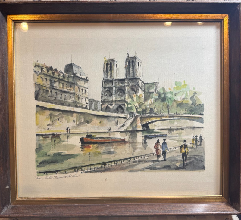 G Lelong Paris Notre Dame Seine Framed Watercolor Print France Signed In Plate