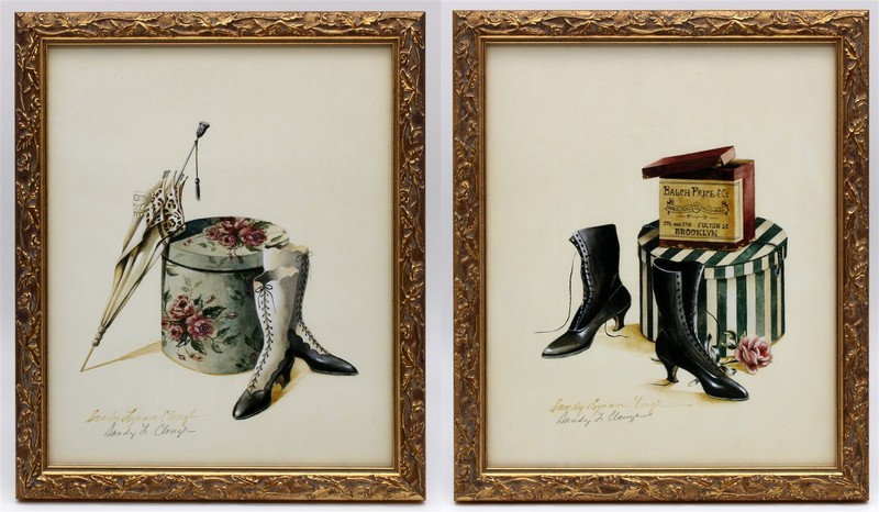 Pair Framed Art Prints LADIES’ VICTORIAN SHOES Artist Signed Sandy Lynam Clough