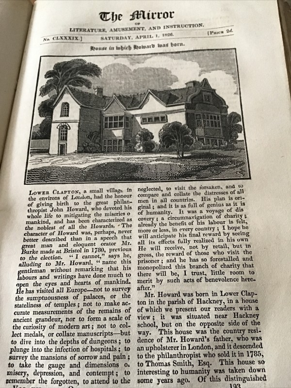 Antique Print 1826 – Lower Clapton Nr Hackney Birthplace John HOWARD – To Frame!
