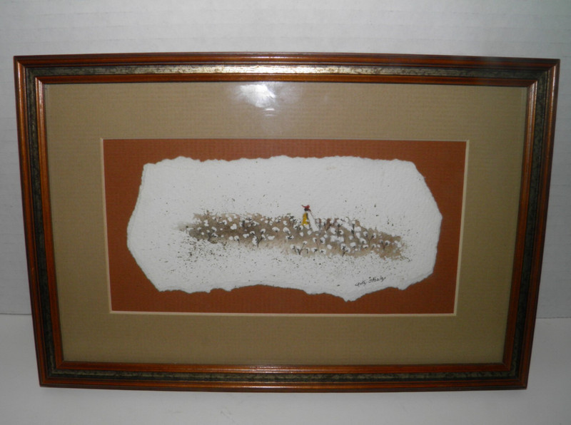 Framed Torn Paper Cotton Field Lady Painting Old South 11 x 7 Signed EUC