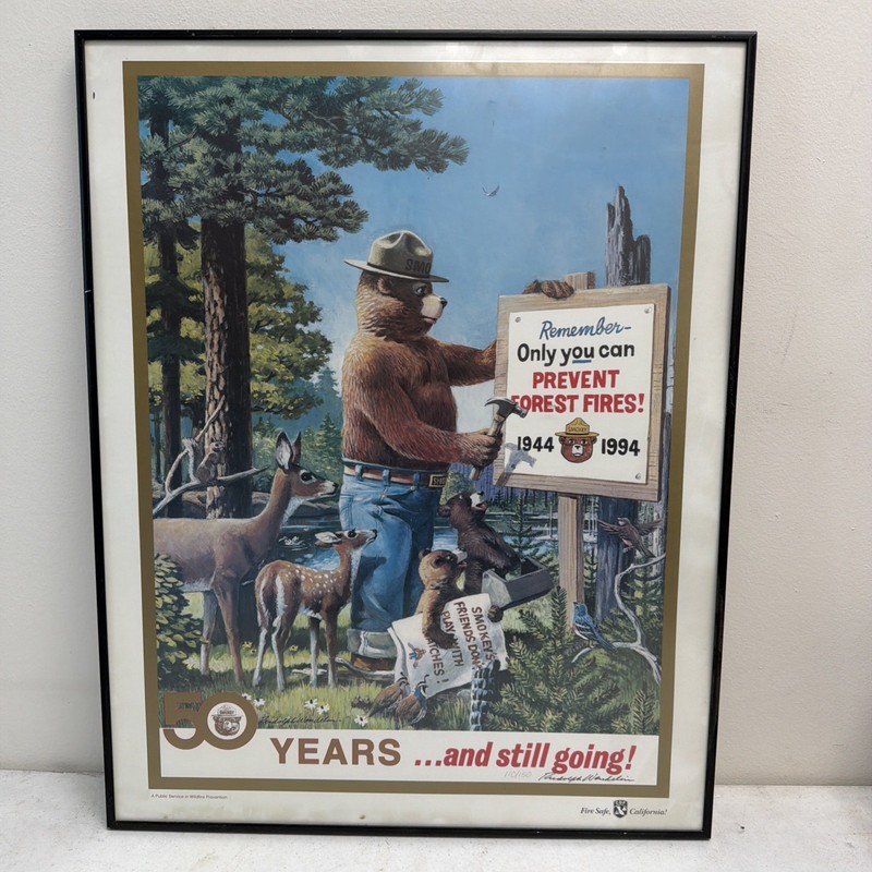 Framed Signed Smokey Bear Art Poster By Rudolph Wendelin LE 150 19”x24”