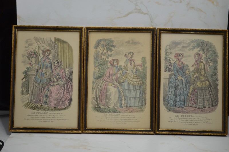 3 FRAMED ANTIQUE FRENCH FASHION HAND COLORED PRINTS LE FOLLET ANAIS TOUDOUZE