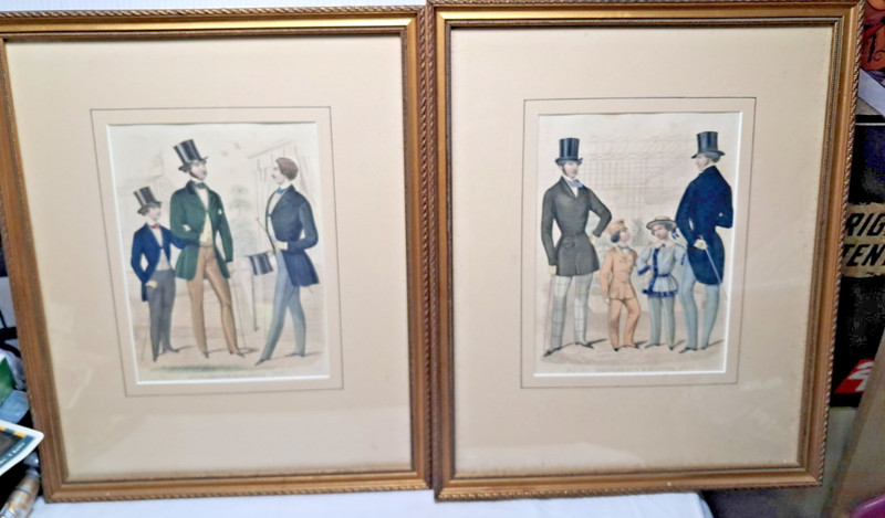 Original Antique Fashion Gentlemen magazine 2 Print of 1860 17in x 14in framed