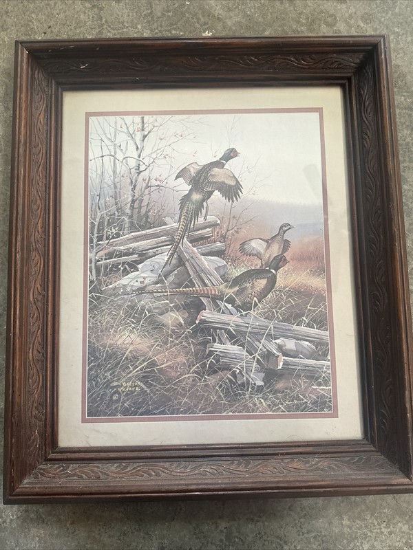 Pheasants In Flight Gregory Messier Wood Framed Matted Glass Print VTG
