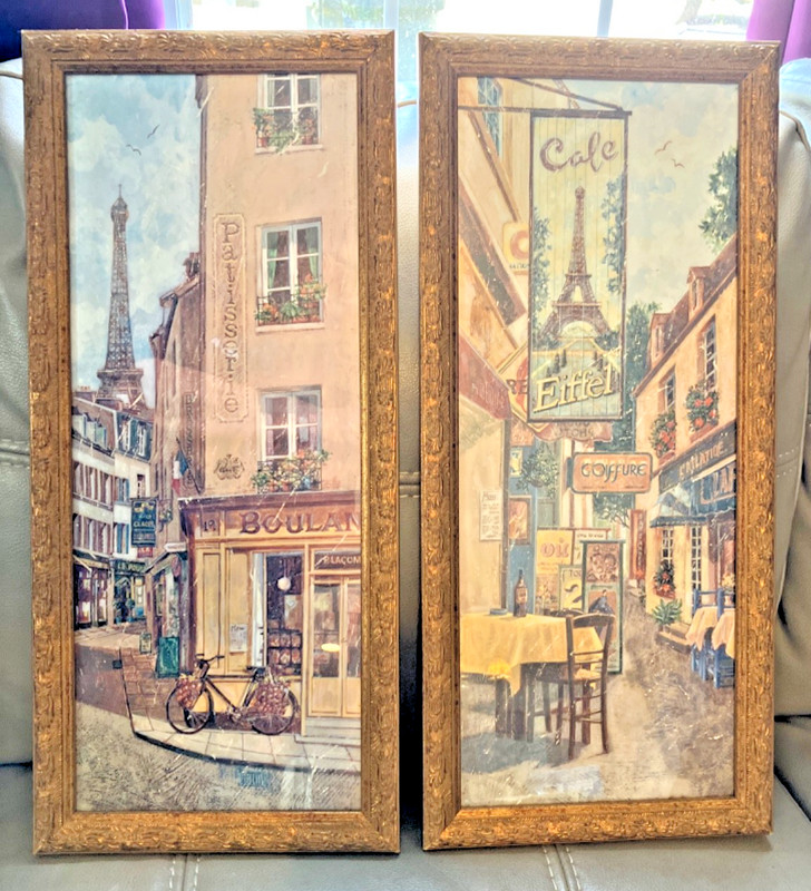 Pair of Vintage Framed Prints France Street Scene Eiffel Tower Gold ? Gilt Frame