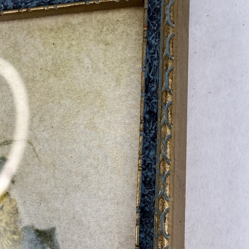 Antique Framed Print of Flowers In Green Vase Wood Blue Gold Frame Small 8” x 6” gallery