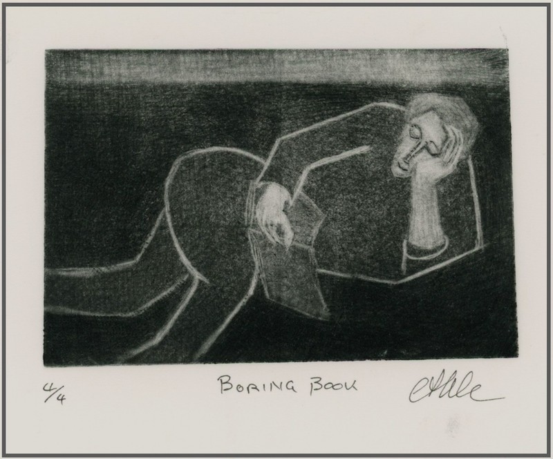 PERSON FALLING ASLEEP READING A BORING BOOK Original Modernist MEZZOTINT Signed