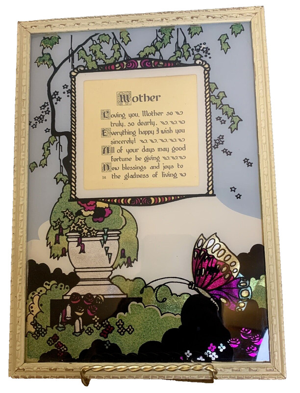 Art Deco Mother Poem Framed Vtg 1930’s Painted Wood w/glass hanging wire Reverse