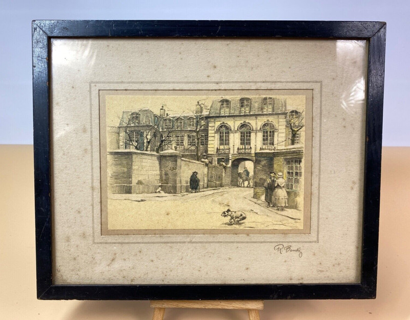 Victorian French Street & Dog Print Signed R Beutz Glazed Framed 28 x 22cm