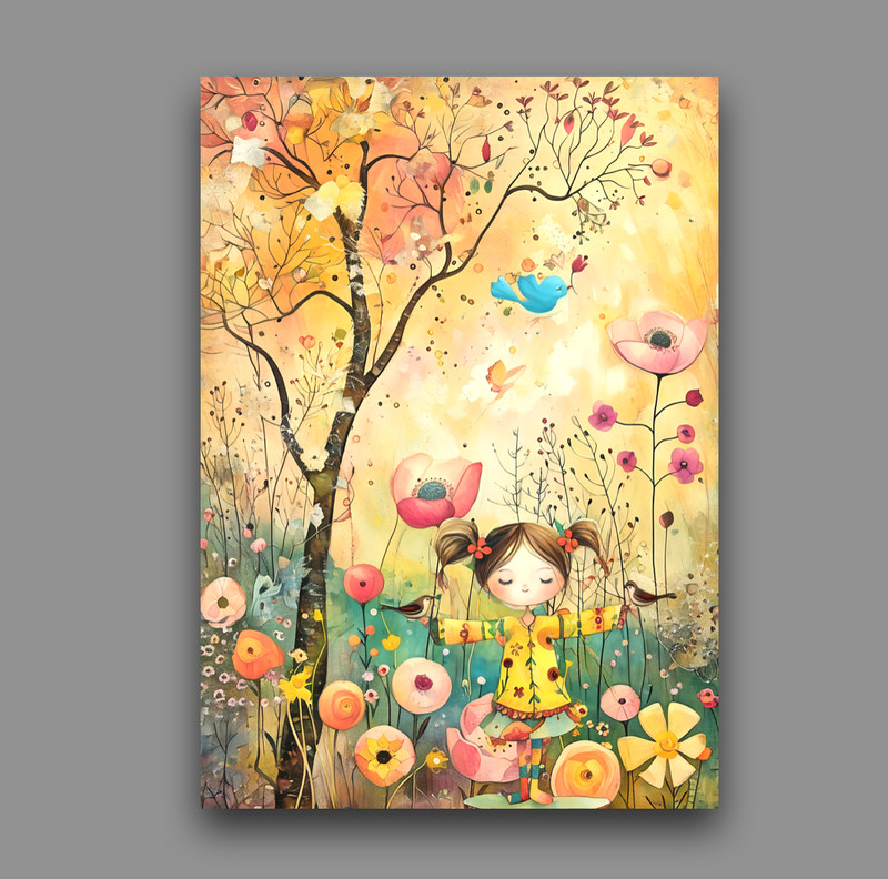 Girl balancing birds in whimsical colorful forest artist trading card 2.5x3.5