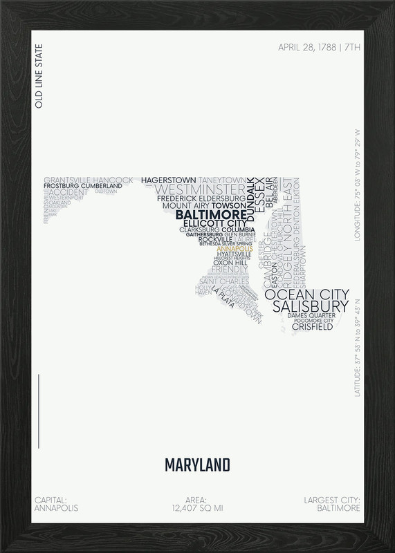 Maryland USA letter map Framed Wall Art Poster Canvas Print Picture
