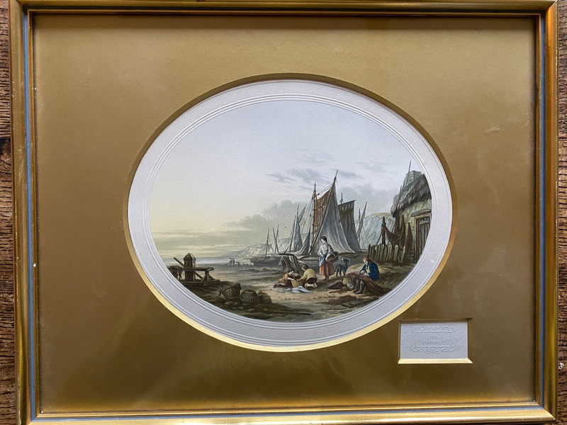 Antique Oval Le Blond Print The Fisherman's Hut Framed Print No 90 -blind stamp gallery